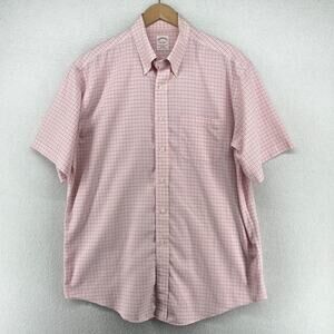 BROOKS BROTHERS Shirt Mens L 1818 Plaid Non Iron Short Sleeve Camp Cotton Pink